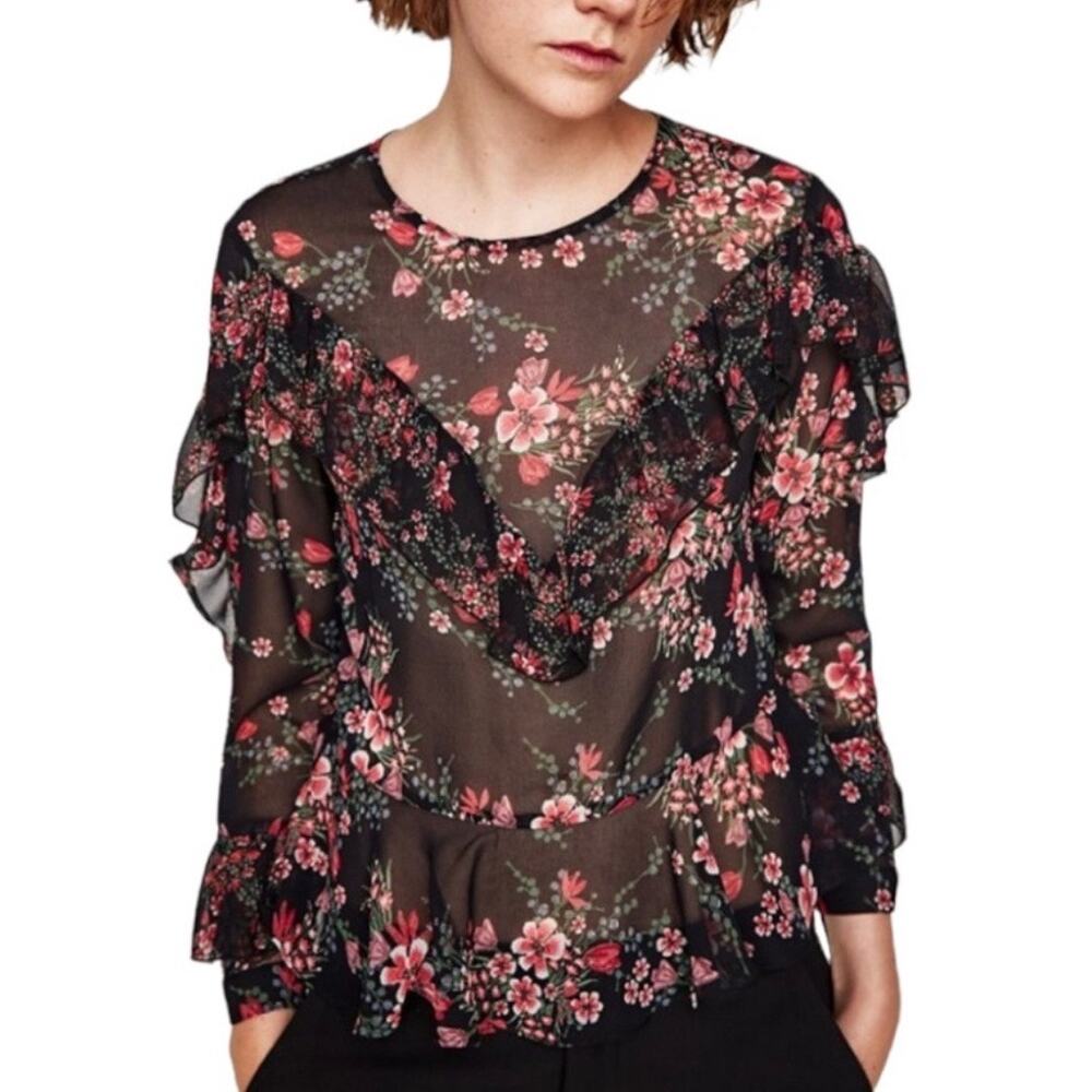 Zara Black Pink Floral Sheer Ruffle Long Sleeve Peplum Top Size Large